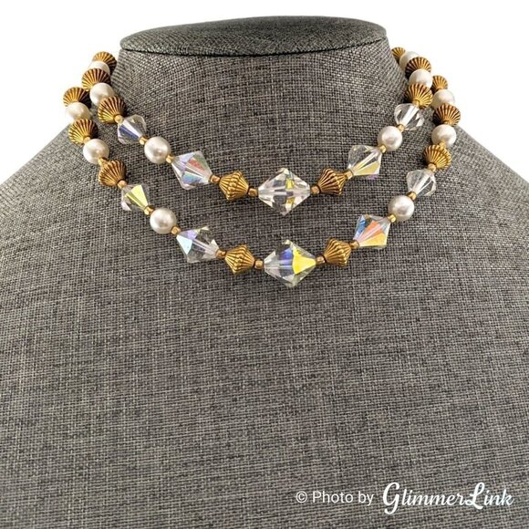 VTG Double Strand AB Aurora Borealis Bicone Bead Faux Pearl Gold Tone Necklace - Picture 4 of 10